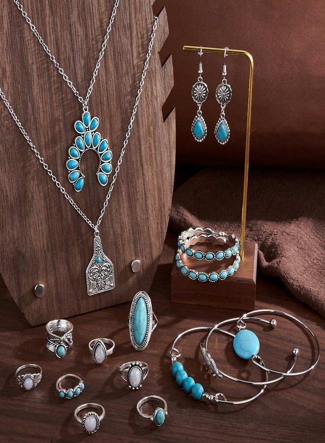 MEDOJO 26 Pcs Boho Jewelry Set for Women Bohemian Layered Western Necklace Stackable Turquoise Ring Turquoise Hoop Dangle Earrings Studs - Image 5